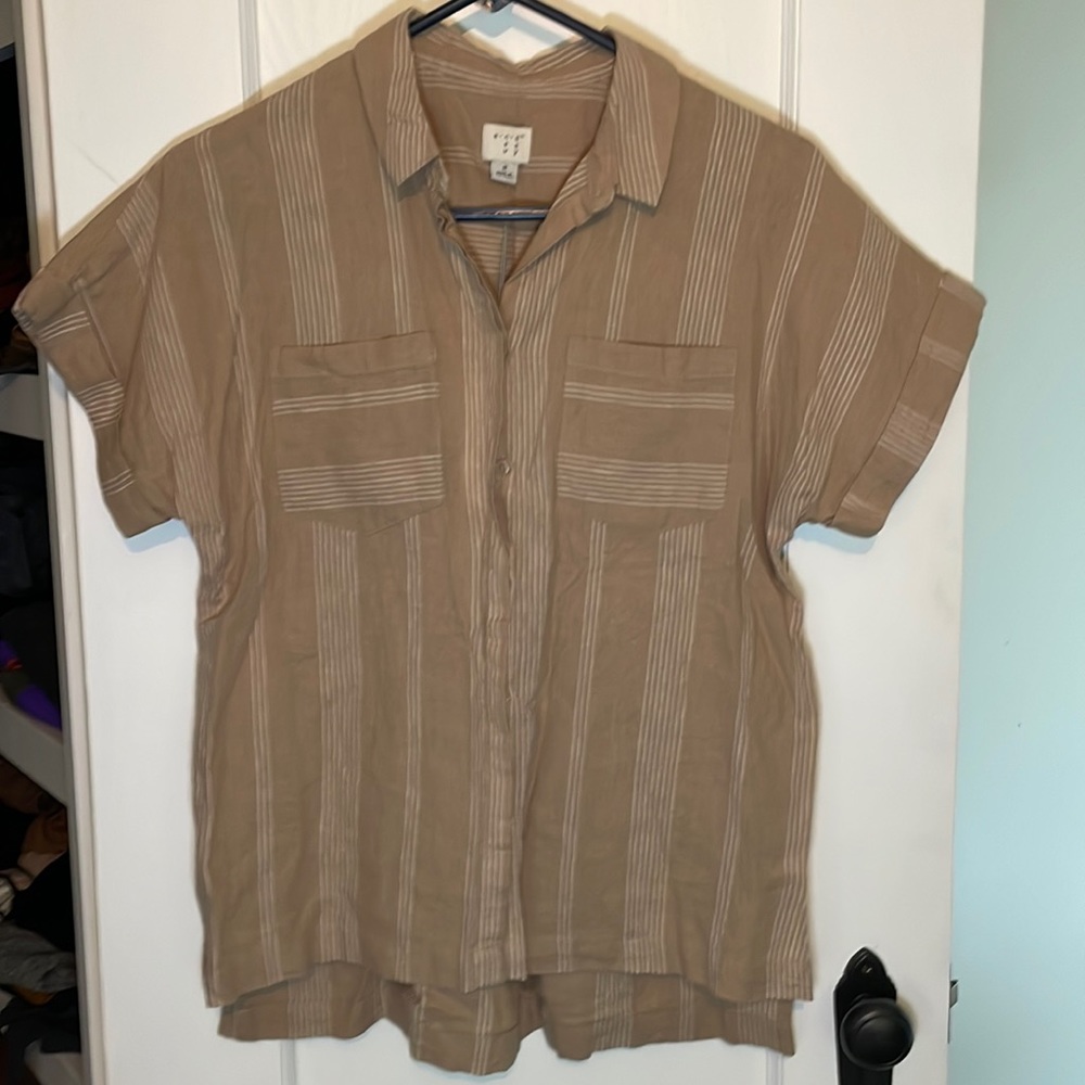 Tan Linen Button Short Sleeve Top- A New Day